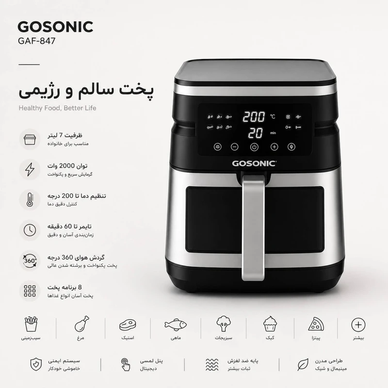 هواپز گوسونیک مدل 847 اصلی 7 لیتری دو المنت فن بزرگ