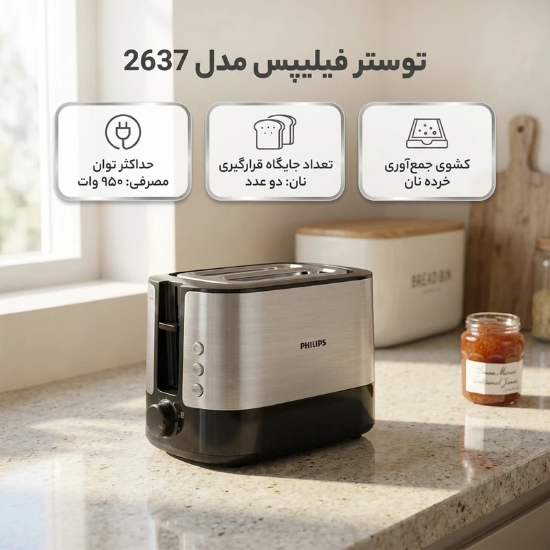 توستر نان فیلیپس مدل 2637 اصلی ( توستر 2 اسلایس فیلیپس مدل 2637، با توان 950 وات، دارای سینی جمع‌آوری خرده نان )