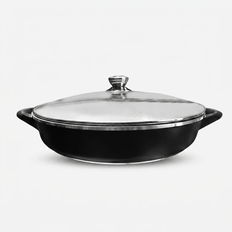 ماهیتابه چدن سرامیکی MGS مدل ایتالیا B سایز 28 دو دسته ( تابه MGS مدل ITALY B، سایز 28، دردار، بدنه آلومینیوم، روکش داخلی گرانیت ماربل، دسته چدن، در پیرکس، سازگار با فر و اجاق گاز، ابعاد 28×28×6 سانتی‌متر، وزن 2200 گرم )