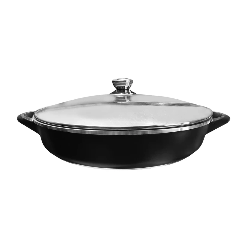 ماهیتابه چدن سرامیکی MGS مدل ایتالیا B سایز 28 دو دسته ( تابه MGS مدل ITALY B، سایز 28، دردار، بدنه آلومینیوم، روکش داخلی گرانیت ماربل، دسته چدن، در پیرکس، سازگار با فر و اجاق گاز، ابعاد 28×28×6 سانتی‌متر، وزن 2200 گرم )