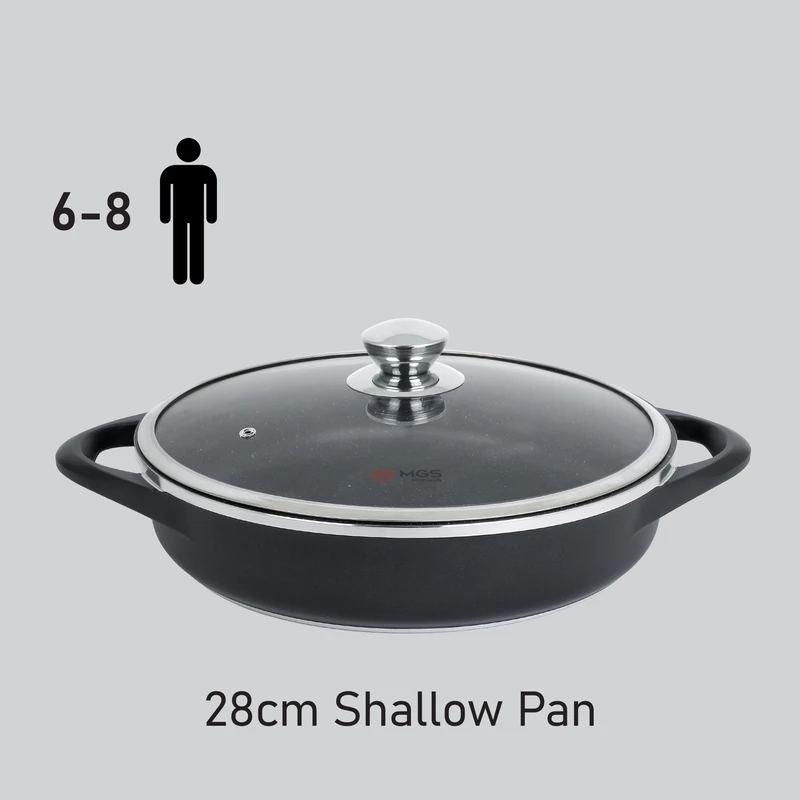 ماهیتابه چدن سرامیکی MGS مدل ایتالیا B سایز 28 دو دسته ( تابه MGS مدل ITALY B، سایز 28، دردار، بدنه آلومینیوم، روکش داخلی گرانیت ماربل، دسته چدن، در پیرکس، سازگار با فر و اجاق گاز، ابعاد 28×28×6 سانتی‌متر، وزن 2200 گرم )