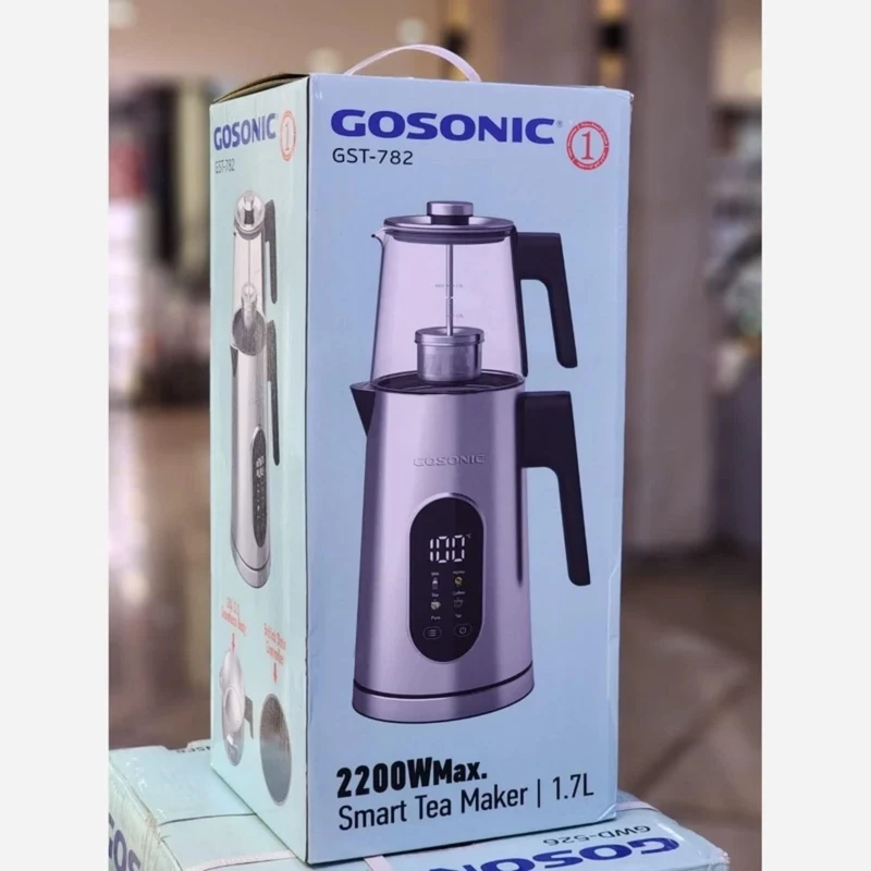 گوسونیک GST-782 با توان 2200 وات، ظرفیت کتری 1.7 لیتر و قوری 1 لیتر، دارای چهار برنامه قهوه، چای، عسل و شیر، صافی استیل جداشونده، سیستم گرم نگه دارنده و قطع خودکار در زمان بی‌آبی